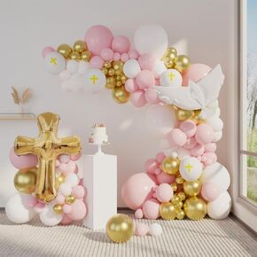 First Communion Decorations 128Pcs Balloon Garland Arch Kit white gold pink Balloons with Cross Balloon for First Holy Communion Decorations God Bless Christening Baptism Party Baby shower Supplies
