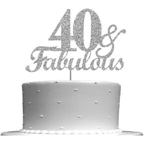 Fabulous & 40 Silver Glitter Cake Topper, 40th Birthday Party Decorations Ideas, Premium Quality Decoration, Sturdy Doubled Sided Glitter, Acrylic Stick. Made in USA