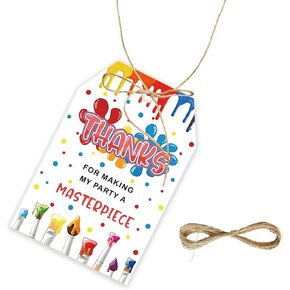 50pcs Art Party Thank You Tags, Painting Gift Tag with String for Art Birthday Party, Rainbow Paint Thank You Paper Tags for Artist Paint Birthday Party Favors