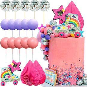 JeVenis Pink Purple Roller Skate Cake Decorations - Disco Ball Toppers for 80s & 90s Themed Parties