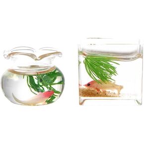 2Pcs Miniature Fish Bowl,1: 12 Miniature Glass Goldfish Tank Desktop Dollhouse Ornaments for Garden Scene Decor Mini Dollhouse Accessories