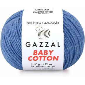 1 Pack (Skein) Gazzal Baby Cotton, 60% Cotton 40% Acrylic, Each Ball 1.76 Oz (50g) / 180 Yards (165m), DK- Worsted, Knitting Yarn, Amigurumi Yarn, Baby Yarn, 3431