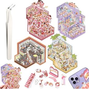 DIY 3D House Stickers, 4 Set Fun DIY Stickers Scene Make Your Own Warm Home, Supermarket, Coffee Shop, Music Bar, Cute 3D Cartoon Scene Sticker for Adult Kids Relief Stress Pass The Time