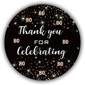 عيد ميلاد الأسود والذهب 80 شكرا لك ملصقات ، حفلة عيد ميلاد 80 لصالح الملصقات ، ديكور حفل عيد ميلاد 80 ، 50 ملصقات 1.75 بوصة.
