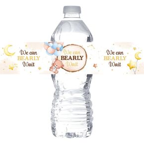 MonMon & Craft We Can Bearly Wait Water Bottle Stickers - Teddy Bear Theme Bottle Wrappers - Welcome Baby - Baby Birthday Party Water Labels Supplies - Waterproof (Set of 32)