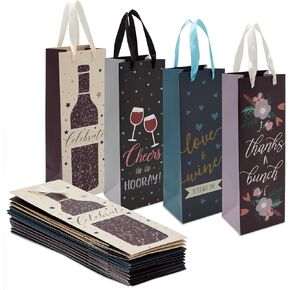 Juvale 12 Pack Wine Bottle Gift Bags with Handles for Liquor, Champagne, Sparkling Cider, 4 Assorted Designs for Birthdays, Mother's Day, Fathers Day, Engagement, Wedding, Holidays (13.7x4.6x4 inch)