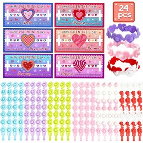 Hexagram Valentines Day Gifts for Kids, 24pcs Valentines Cards with 24pcs Pop Bracelets Toys for Kids Classroom, Valentines Exchange Cards for Kids School Party Favors Supplies, Pop Fidget Relief Toys