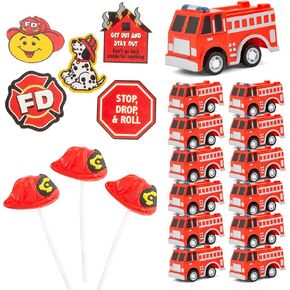 Favonir ™ Fireman تحت عنوان الحفلات ، اللوازم - 96 جهاز كمبيوتر - سحب لعبة Fire Fire Truck - مصاصة من طراز Firefighter على شكل وصوّار - الوشم المؤقت FD - عيد ميلاد جديد للبنين والبنات