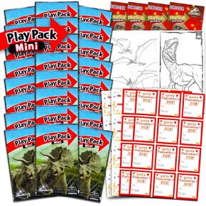 Jurassic World Valentine's Day Classroom Exchange Bundle - 24 Jurassic Park Mini Coloring Books for School Valentines, More | Valentines Party Set