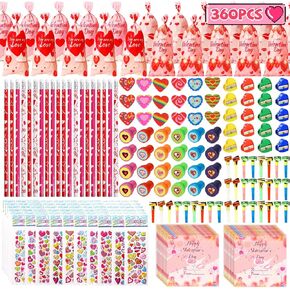 Hiawbon 360pcs Valentines Day Gifts 40 Packs Valentines Day Stationery Set ، وحقائب Valentine Goodie مع مجموعة هدايا تبادل القرطاسية ، ومحركات أقلام الرصاص ، ملصقات Stampen