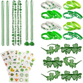 96pcs St. Patricks Day Party Party Thectories مجموعة الأوسمة تشمل قلادات الأساور الأيرلندية Shamrock Tattoos المؤقتة