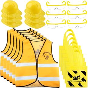 24 Pcs Kids Construction Worker Costume Vest Construction Role Play Vest with Construction Hat and Goggles Builder Career Outfit for Boys Girls Halloween Dress Up Party Favor