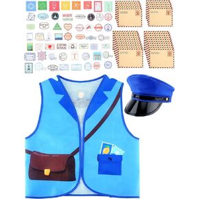 Kids Mailman Costume Set Include Postman Vest and Hat with 30 Pcs Envelopes 50 Pcs Stamp Stickers Mail Carrier Dress Up Outfit for Children Halloween Party Cosplay