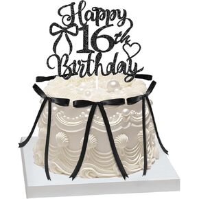Bow Cake Topper مع علامة كعكة عيد ميلاد سعيد السادسة عشرة ، 12 جهاز كمبيوتر الشخصي ، زخارف كعكة الشريط الأسود العتيقة لحفلة Coquette ، حفل زفاف ، حفل الذكرى السنوية
