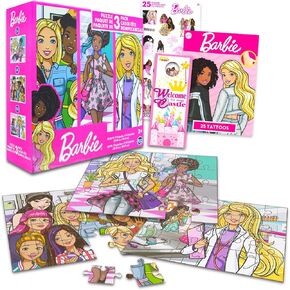 Barbie Jigsaw Puzzle Met for Kids ، Girls - حزمة مع 3 ألغاز Barbie و Friends Plusles بالإضافة إلى الوشم ، المزيد (24 ، 48 ، و 100 قطعة ألغاز)