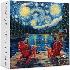 Lake Puzzles for Adults 1000 Pieces，PICKFORU Oil Painting Night Sky Puzzles Starry Lounge Chair, Challenging Nature Mountain Scene Theme as Home Decor