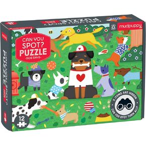 Mudpuppy Dog Days Can You Spot? Puzzle from Mudpuppy - 12 Piece Jigsaw Puzzle Featuring Colorful and Cute Puppies and 5 Things to Search and Find, 18" x 13.75", Ages 2+