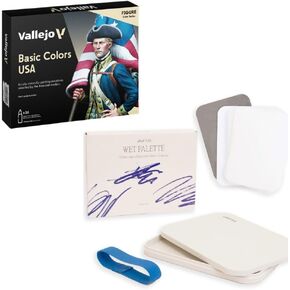 Vallejo/Hartem - Model Color Colors Basic Colors USA Set + Wet Palette | نمذجة الدهانات الأكريليك ولوحة رطبة للدهانات القائمة على الماء | 16 زجاجة × 18 مل (0.60 fl.oz.)