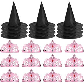 24pcs التيجان الأميرة الوردي وقبعات الساحرة السوداء مجموعة الساحرة موضوع عيد ميلاد ديكورات حفلة الأميرة مواليد الحفلات لملواة عيد ميلاد السحرية مفضلات ديكور صورة مزخرفة