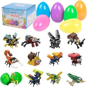 12Pcs Pre Filled Easter Basket Fillers Insect Building Blocks Easter Egg Hunt Basket Stuffers for Kids Classroom Prizes Party Favors