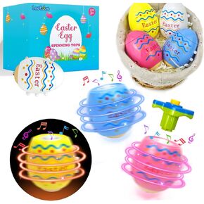 Easter Egg Basket Stuffers Toys Gifts for Toddler Boys Girls, 4 Pack Light up Spinning Tops with Music, Easter Goodie Bag Fillers Party Favors Hunt Prizes Treats for Kids