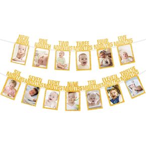 عيد ميلاد الطفل الأول لافتة صور - مثالية من 1 إلى 12 شهرًا مثالاً على Prop Garland Bunting Baby Shower Party Decoration Kraft