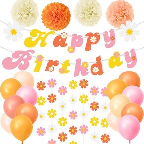 24 PCS Groovy Party Decorations Boho Happy Birthday Banners with Flower Hanging Flags Balloons Paper Flowers for Birthday Baby Shower Party Decorations