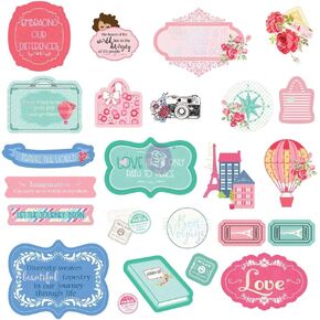 Marketing Prima Julie Nutting Travel Girl ephemera cardstock die-cuts 24p ، علامات ، كلمات ، لهامس مغرمة ، متعددة