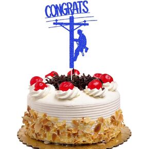 Congrats Grad Cake Topper, Congrats Electrician, Electrician Lineman Themed 2024 Graduation Party Decorations Blue Glitter