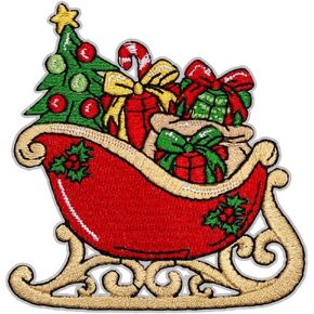 Santa Sleigh Patch – 3 inches, Joyful Christmas Tree Patch – Embroidered Merry Christmas Iron On Patches for Clothes