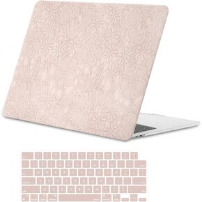 MOSISO Compatible with MacBook Air 13 inch Case 2025-2022 M4 A3240 M3 A3113 M2 A2681, Anti-Fingerprint Carving Cute Floral PU Leather Coated Hard Shell&Keyboard Skin for MacBook Air 13.6 inch, Pink