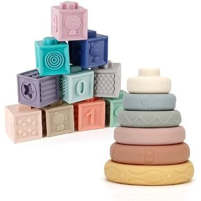 Mini Tudou Baby Blocks & Conging Rings Toy Set ، Baby Sensory Build & Beining Toys Squeeze Squeeze Play with Animals أشكال القوام ، والعطلات للأطفال الصغار 6M+