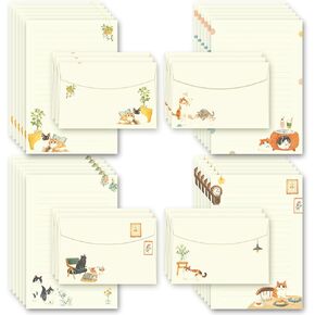 72 Pieces Cute Cat Writing Paper and Envelopes, 8.3x5.6 Inch Stationery Set, 48 Lined Sheets & 24 Envelopes, Kitty Design for Letters, Invitations, Gifts, Holidays, Party Notes