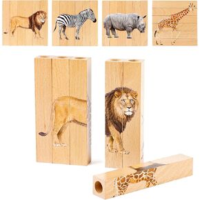 Wooden Animal Chunky Puzzles for Toddlers, Joyreal Montessori 4 in 1 Safari Animal Block Puzzle Toy, Preschool Learning Educational Interactive Toys Gift for Toddlers 2 3 4 5 6 Years Old
