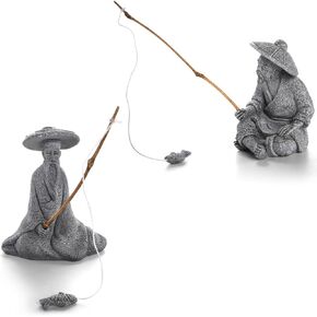 Nicunom 2 Pack Sitting Fishing Figurines, Small Sandstone Fisherman Statues Vintage Ornaments Asian Zen Decor for Fish Tank Aquarium Home Office Pot Garden Outdoor Decoration