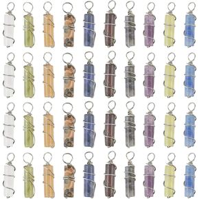 Sunnyclue 1 Box 40pcs 10 Styles Natural Gemstone Charms Column Abelant charms Amethyst Tiger Eye Stone Crystal Brass Wire ملفوفة السحر الحجري لصنع المجوهر