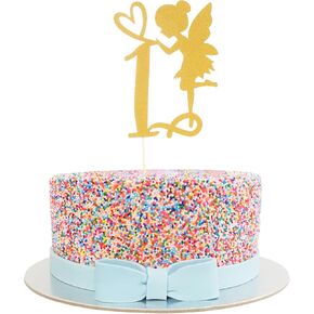 Fairy First Birthday Cake Topper - Gold Glitter, 1 Count, 6 x 4.6 inches, Perfect for Birthday, Baby Shower, Metallic Gold