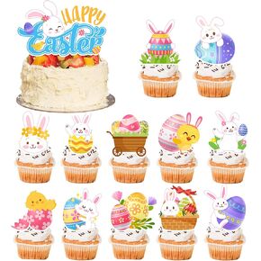 25Pcs Easter Cake Decorations, Bunny Cake Topper Rabbit Egg Cupcake Topper Easter Party Decorations