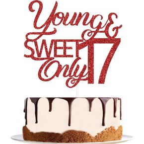 Red Glitter Young and Sweet Only 17 Cake Topper, Happy 17th Birthday, Cheers to 17 Years Old Cake Decor, 17th Birthday/Anniversary Party Decoration Supplies