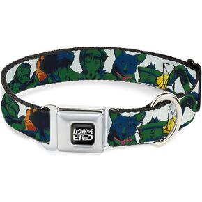 Crunchyroll Pet Collar, Dog Collar Metal Seatbelt Buckle, Cowboy Bebop Crew Group Pose and Logo White Black Greens, 11 to 16.5 Inches 1.0 Inch Wide