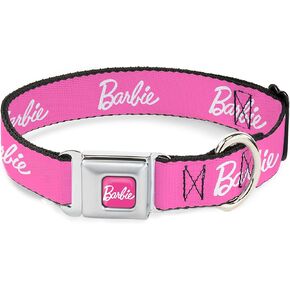 Mattel Easy Adjustable Metal Seatbelt Buckle Quick Release Dog Collar, Barbie Script Signature Logo Pink White, 20 to 31 Inches 1.5 Inch Wide