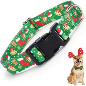Christmas Dog Collars for Small Dogs with Snowflakes Bells Hats, Christmas Green Dog Collar with Bow Tie, Adjustable Heavy Duty Pet Collar with Safety Buckle for Small Medium Large Dogs (S)