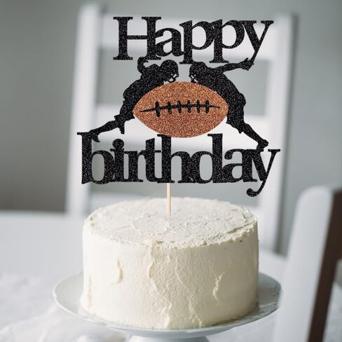 Football Happy Birthday Cake Topper,Black-brown Glitter Rugby Football Cake Decorations ，Sports theme Cake Topper Football Birthday Party Decorations in Saudi Arabia