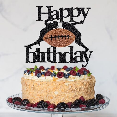 Football Happy Birthday Cake Topper,Black-brown Glitter Rugby Football Cake Decorations ，Sports theme Cake Topper Football Birthday Party Decorations in Saudi Arabia