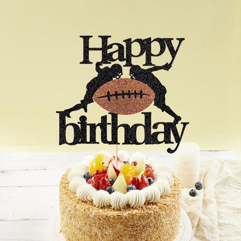Football Happy Birthday Cake Topper,Black-brown Glitter Rugby Football Cake Decorations ，Sports theme Cake Topper Football Birthday Party Decorations in Saudi Arabia