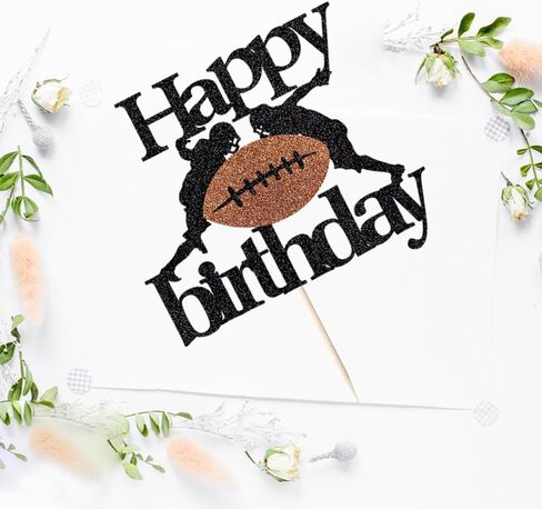 Football Happy Birthday Cake Topper,Black-brown Glitter Rugby Football Cake Decorations ，Sports theme Cake Topper Football Birthday Party Decorations in Saudi Arabia