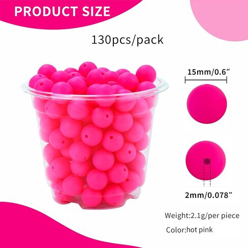 JOPY 130PCS Silicone Beads for Keychain Making Kit 15mm Silicone Beads Bulk Round Rubber Beads Loose Beads for Pens DIY Necklace Bracelet Making (Hot Pink), Small in Saudi Arabia