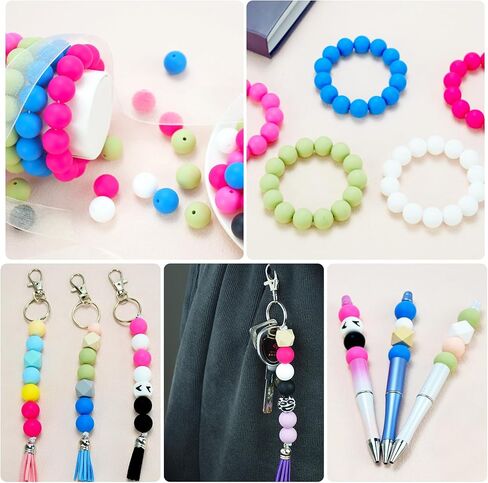 Jopy 130pcs حبات السيليكون لتصنيع سلسلة مفاتيح مجموعة 15 ملم حبات من المطاط الدائري الجولة الجولة حبات فضفاض in Saudi Arabia