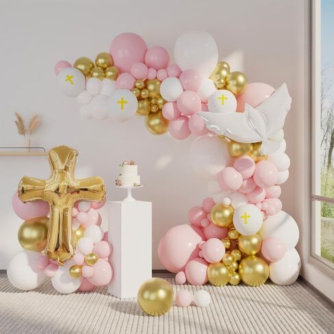 First Communion Decorations 128Pcs Balloon Garland Arch Kit white gold pink Balloons with Cross Balloon for First Holy Communion Decorations God Bless Christening Baptism Party Baby shower Supplies in Saudi Arabia