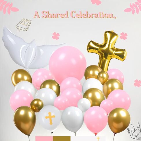 First Communion Decorations 128Pcs Balloon Garland Arch Kit white gold pink Balloons with Cross Balloon for First Holy Communion Decorations God Bless Christening Baptism Party Baby shower Supplies in Saudi Arabia
